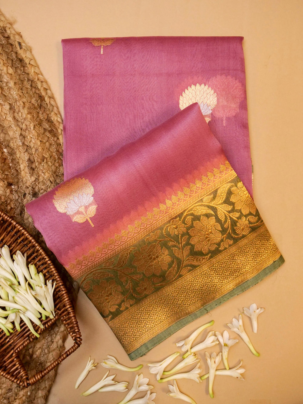 Handwoven Onion Pink Banarasi Organza Silk Saree