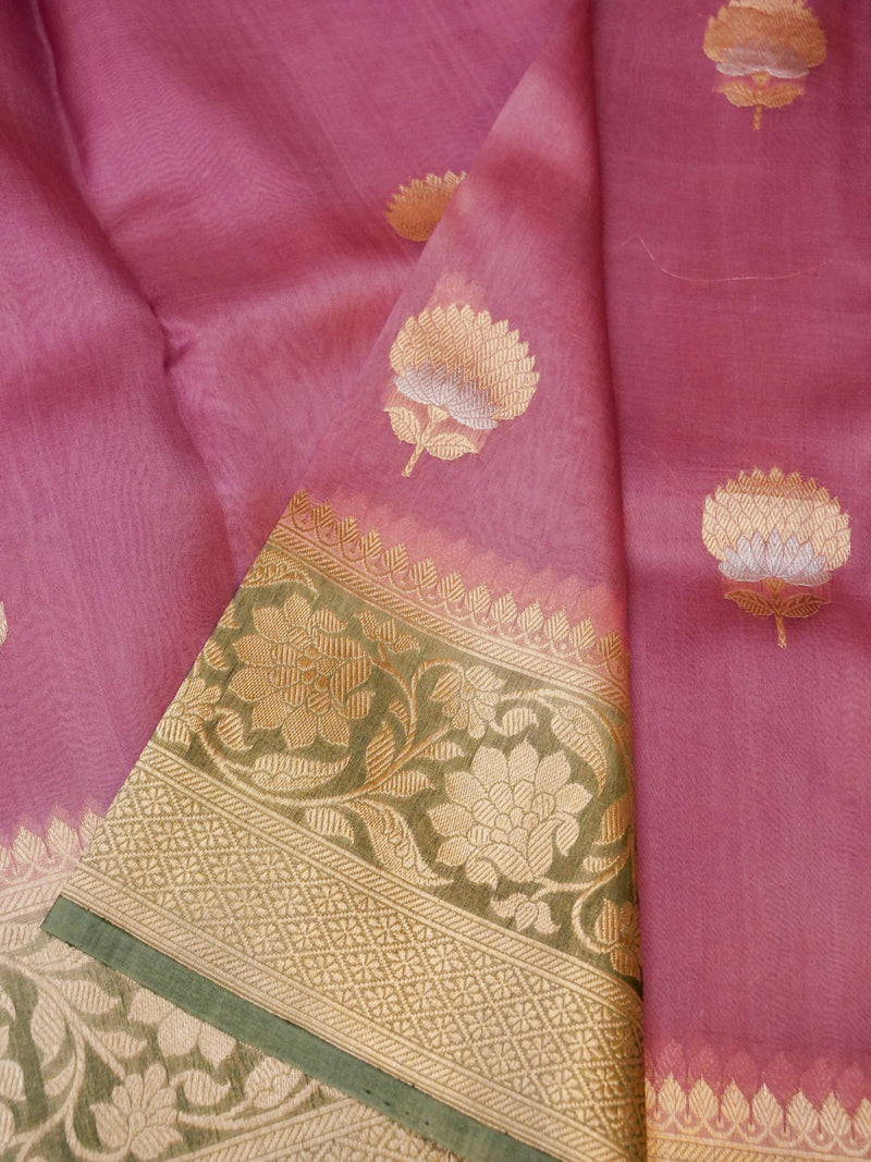 Handwoven Onion Pink Banarasi Organza Silk Saree