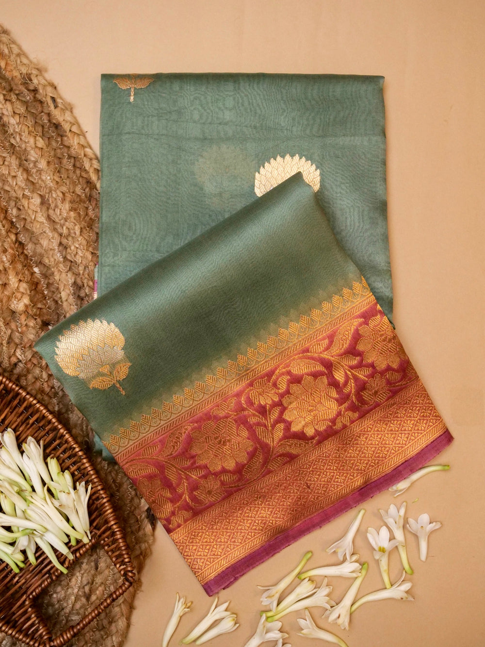 Handwoven Sage Green Banarasi Organza Silk Saree