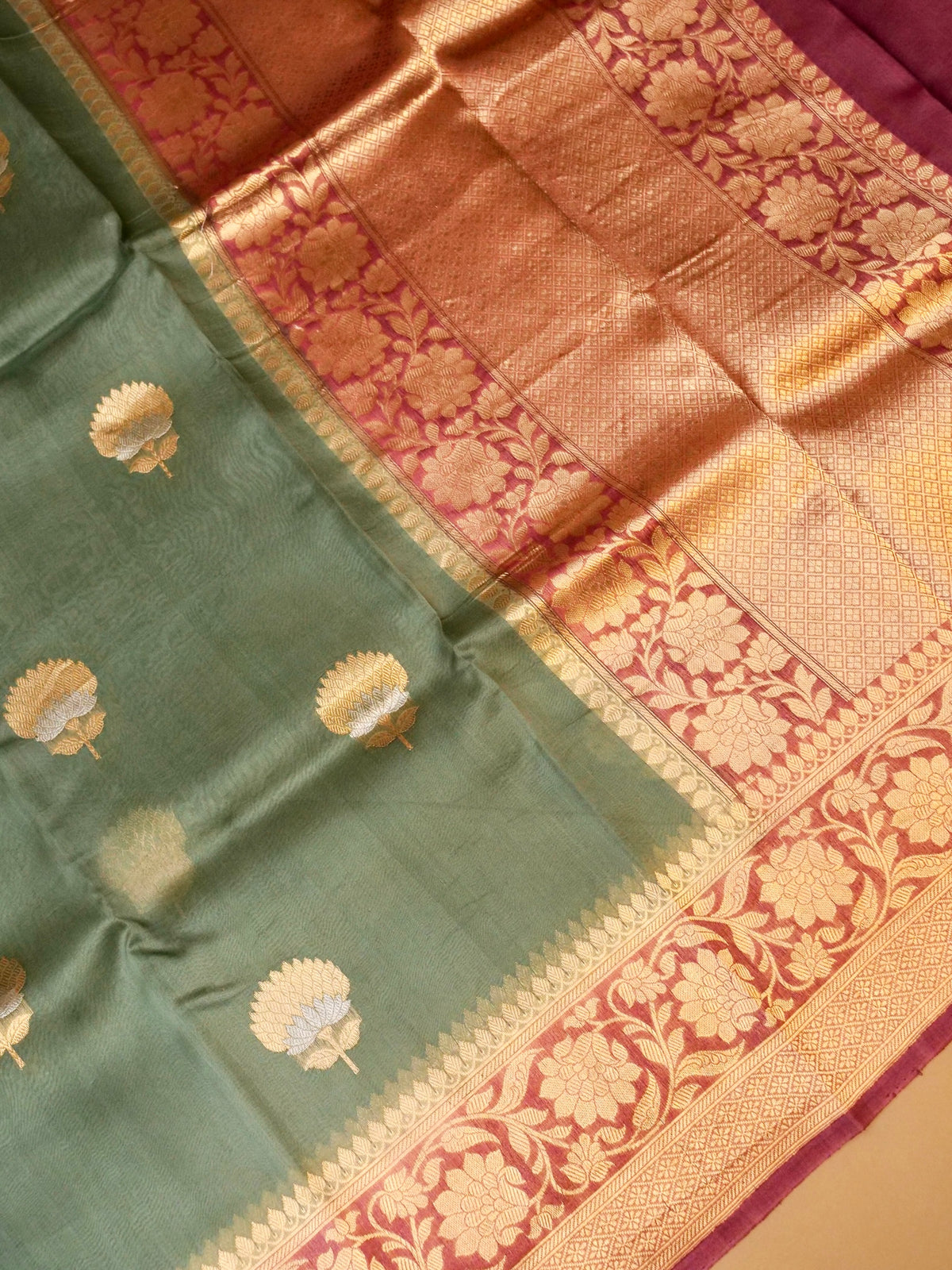 Handwoven Sage Green Banarasi Organza Silk Saree