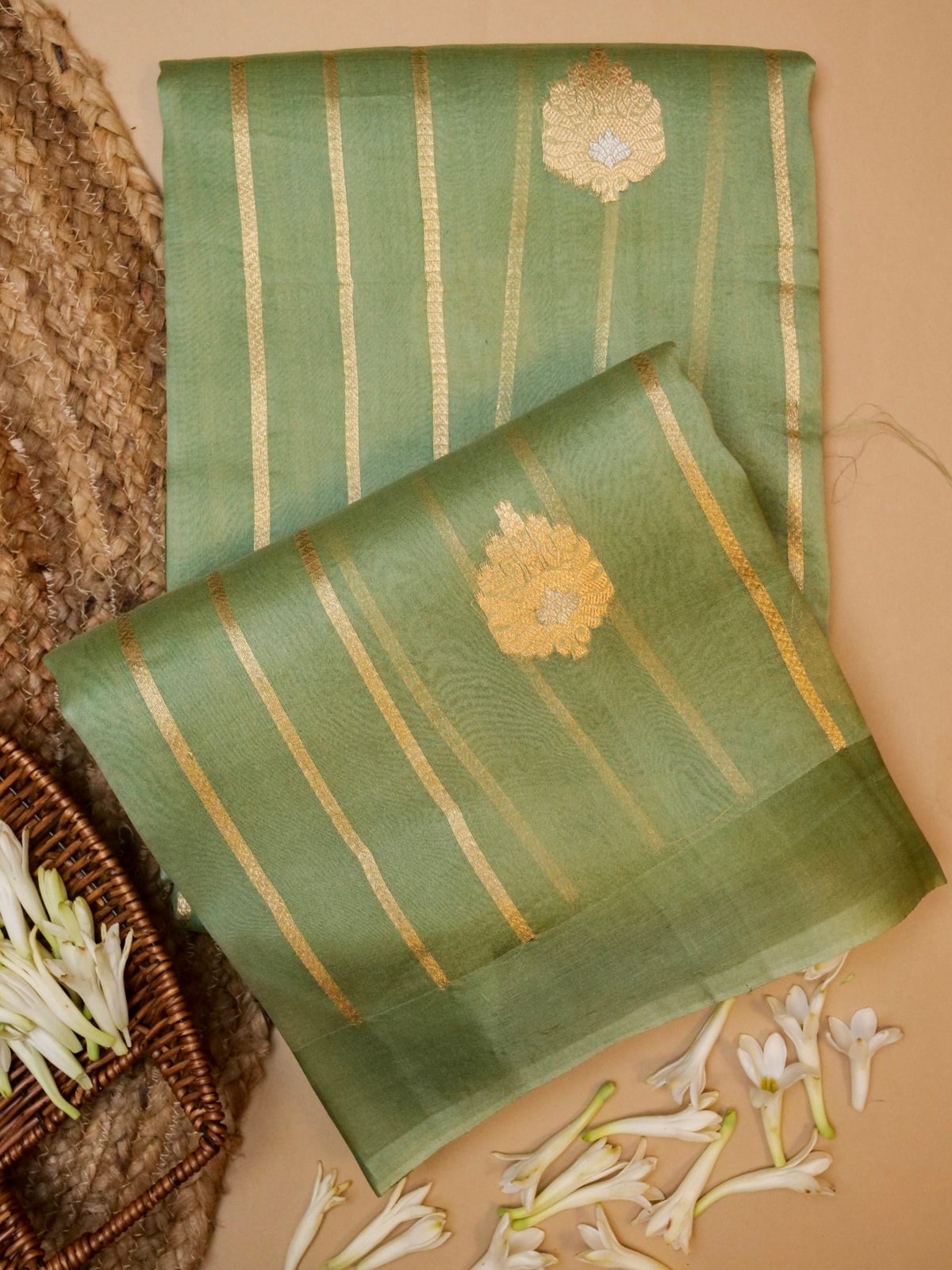 Handwoven Sage Green Banarasi Organza Silk Saree