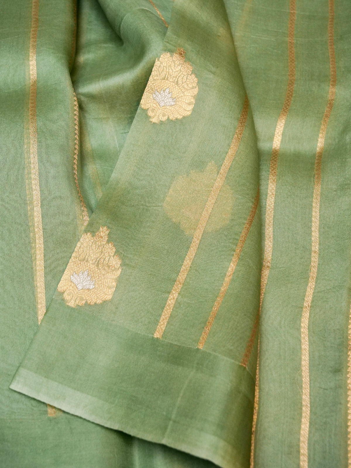 Handwoven Sage Green Banarasi Organza Silk Saree