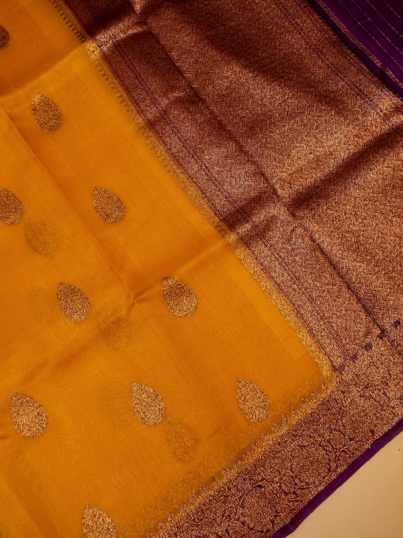 Handwoven Yellow Banarasi Organza Silk Saree