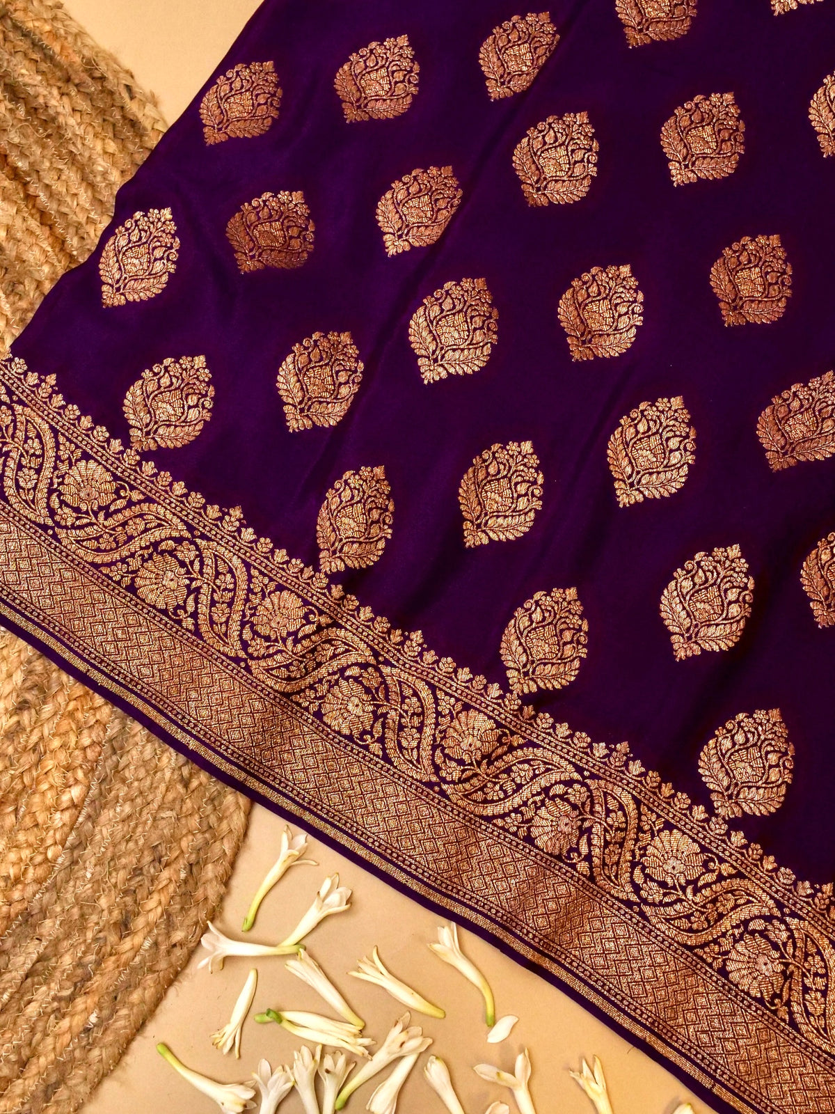 Handwoven Dark Purple Banarasi Crepe Georgette Saree