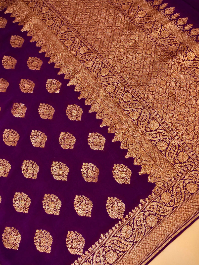 Handwoven Dark Purple Banarasi Crepe Georgette Saree