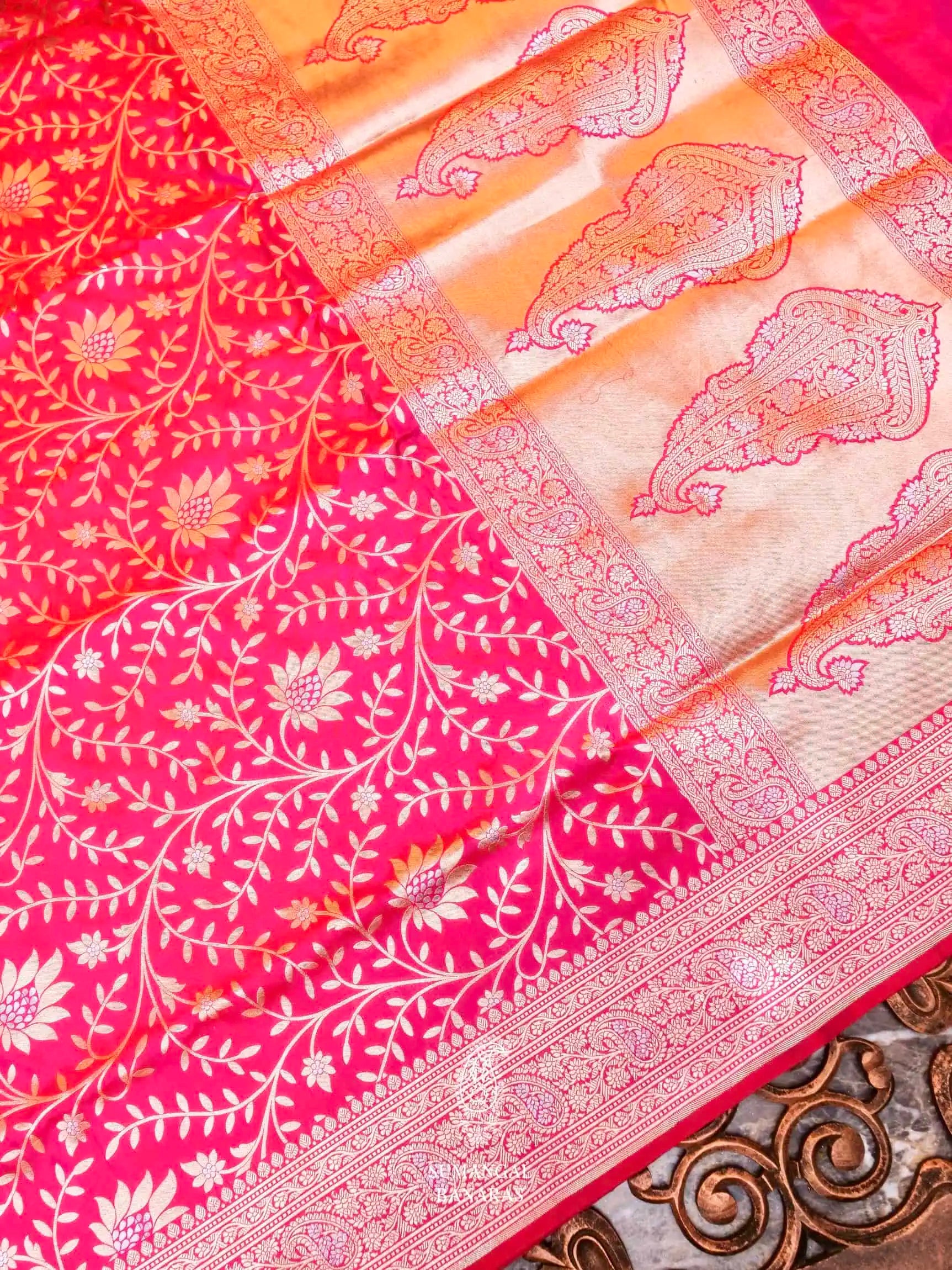 Pink Orange Shikargah Katan Silk Handloom Banarasi Saree - Sacred Weaves