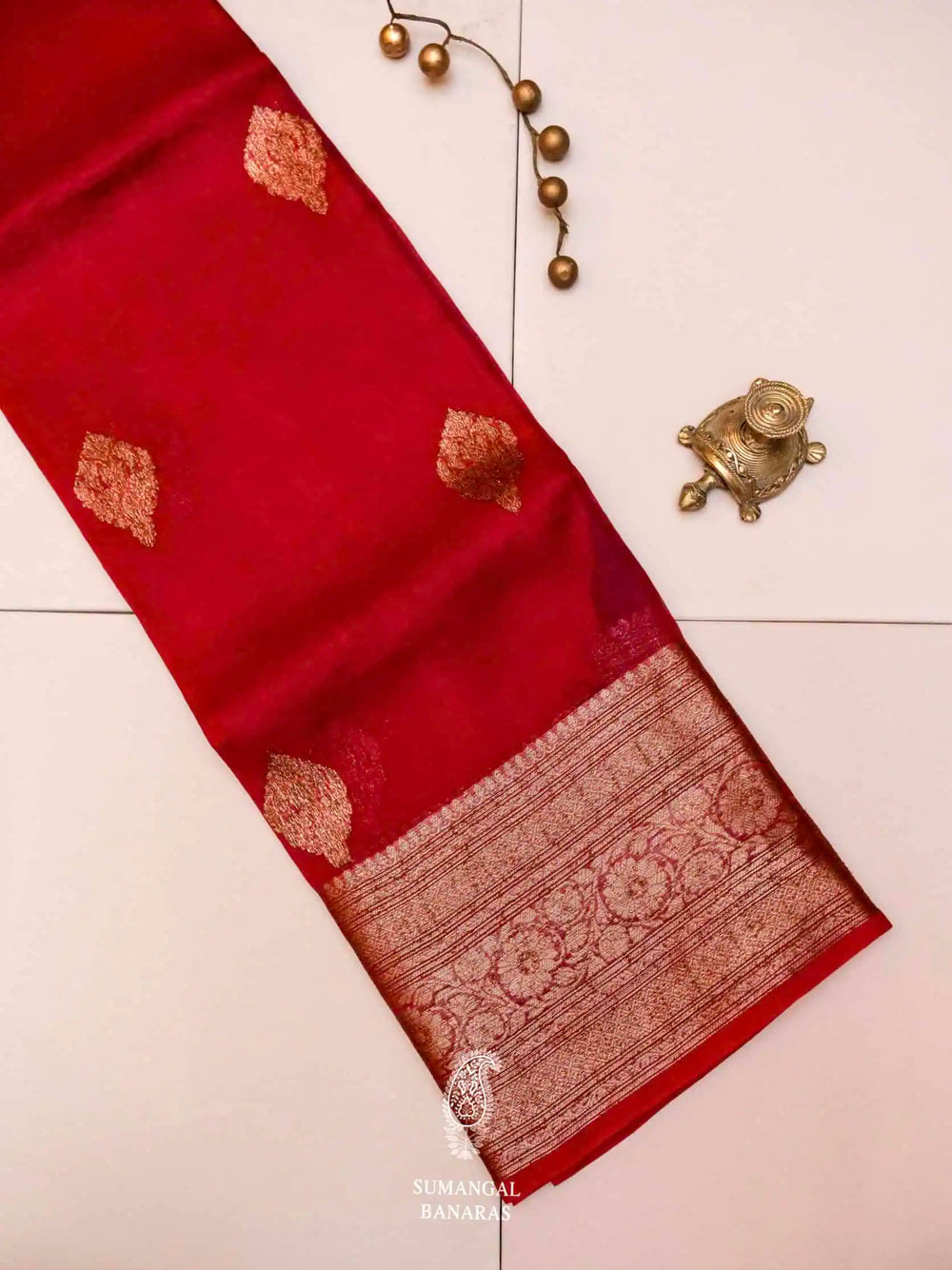 Handwoven Red Banarasi Kora Silk Saree