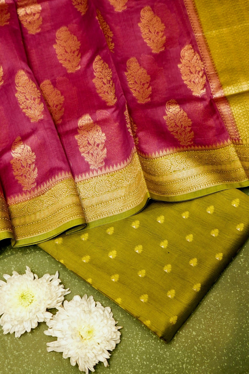 Handwoven Mehndi Green Banarasi Moonga Silk Suit