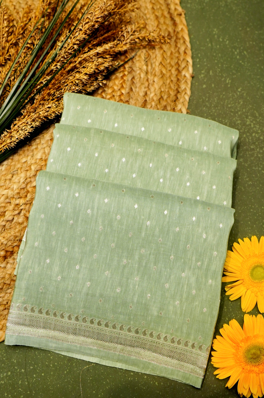 Handwoven Pista Green Banarasi Linen Silk Saree