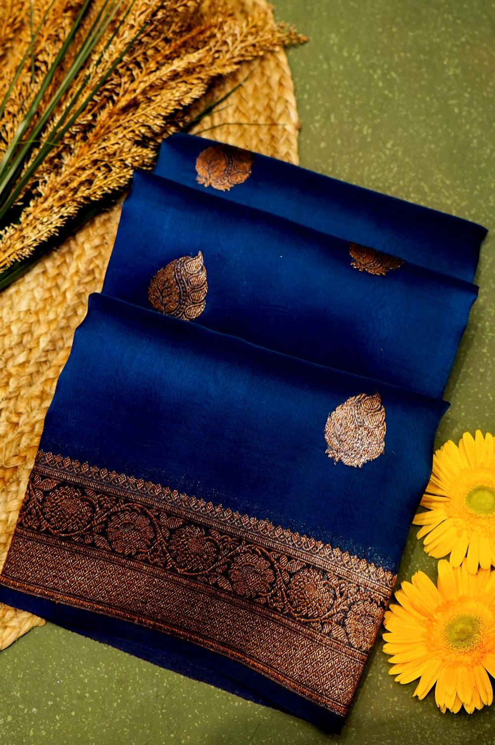 Handwoven Navy Blue Banarasi Organza Saree