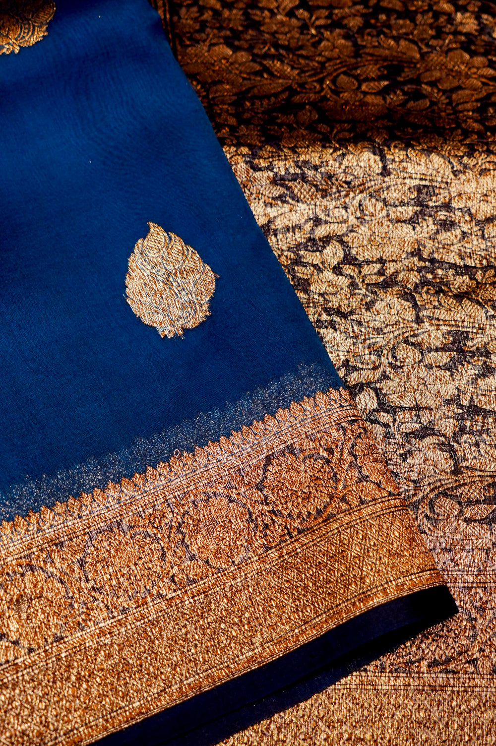 Handwoven Navy Blue Banarasi Organza Saree