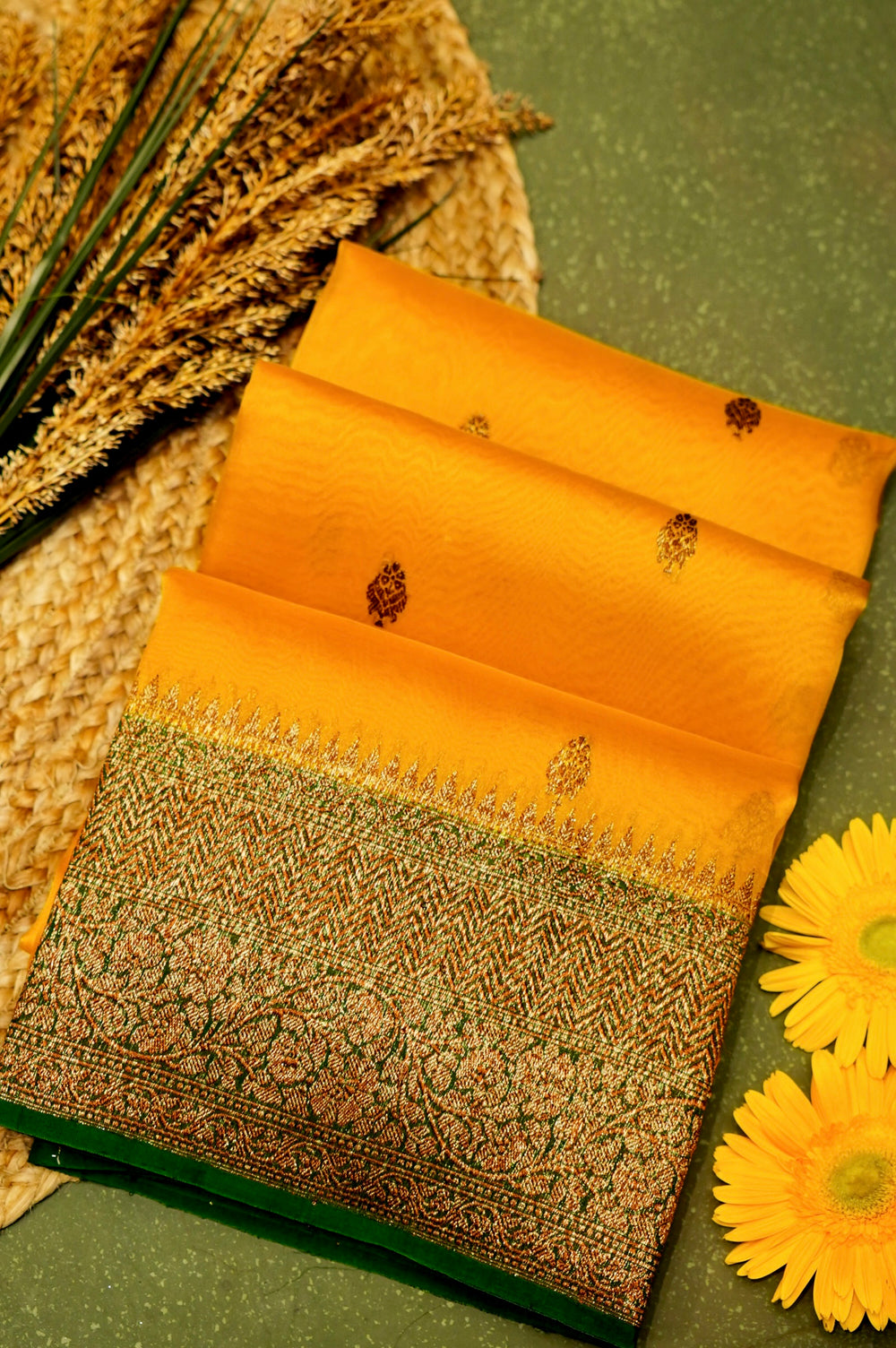 Handwoven Yellow Banarasi Organza Saree