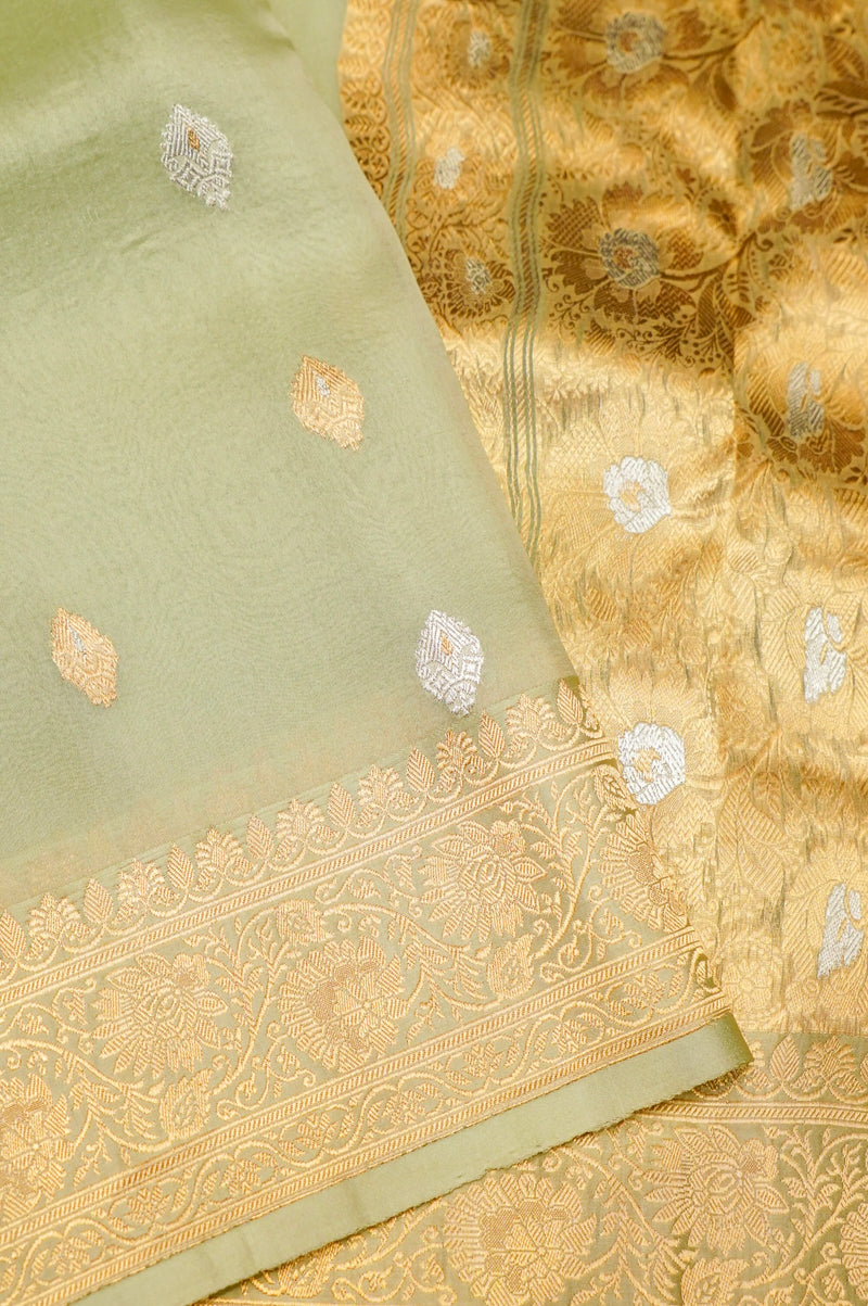 Handwoven Pastel Green Banarasi Organza Saree