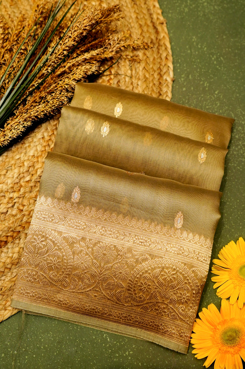 Handwoven Olive Green Banarasi Organza Saree