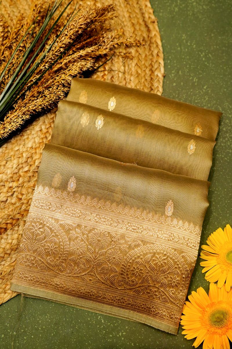 Handwoven Olive Green Banarasi Organza Saree