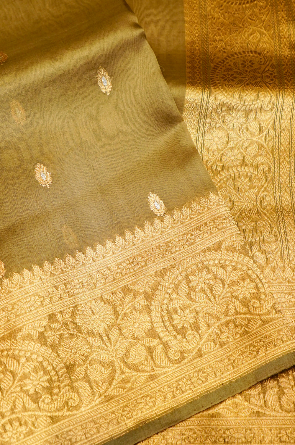 Handwoven Olive Green Banarasi Organza Saree