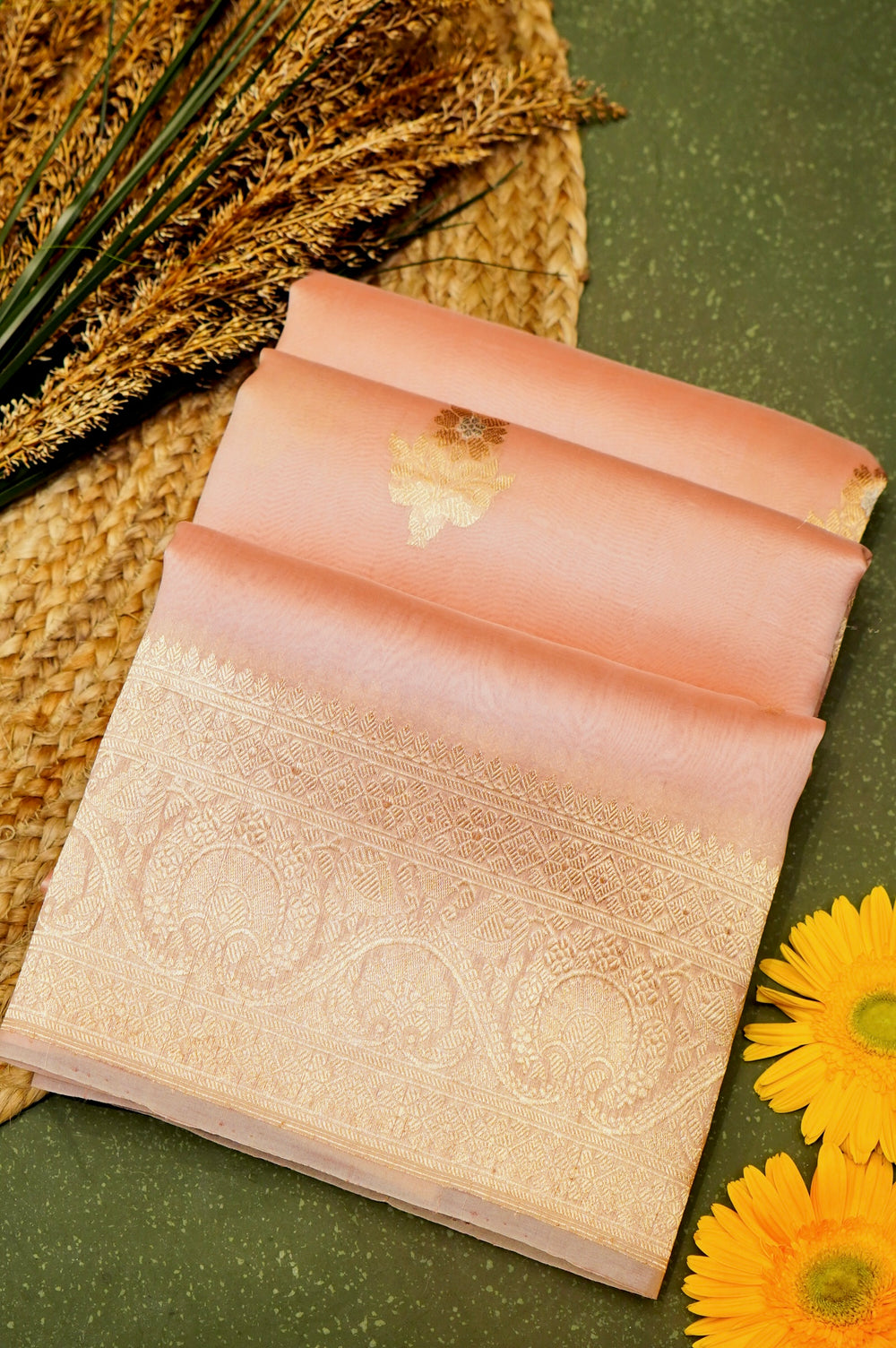 Handwoven Peach Banarasi Organza Saree