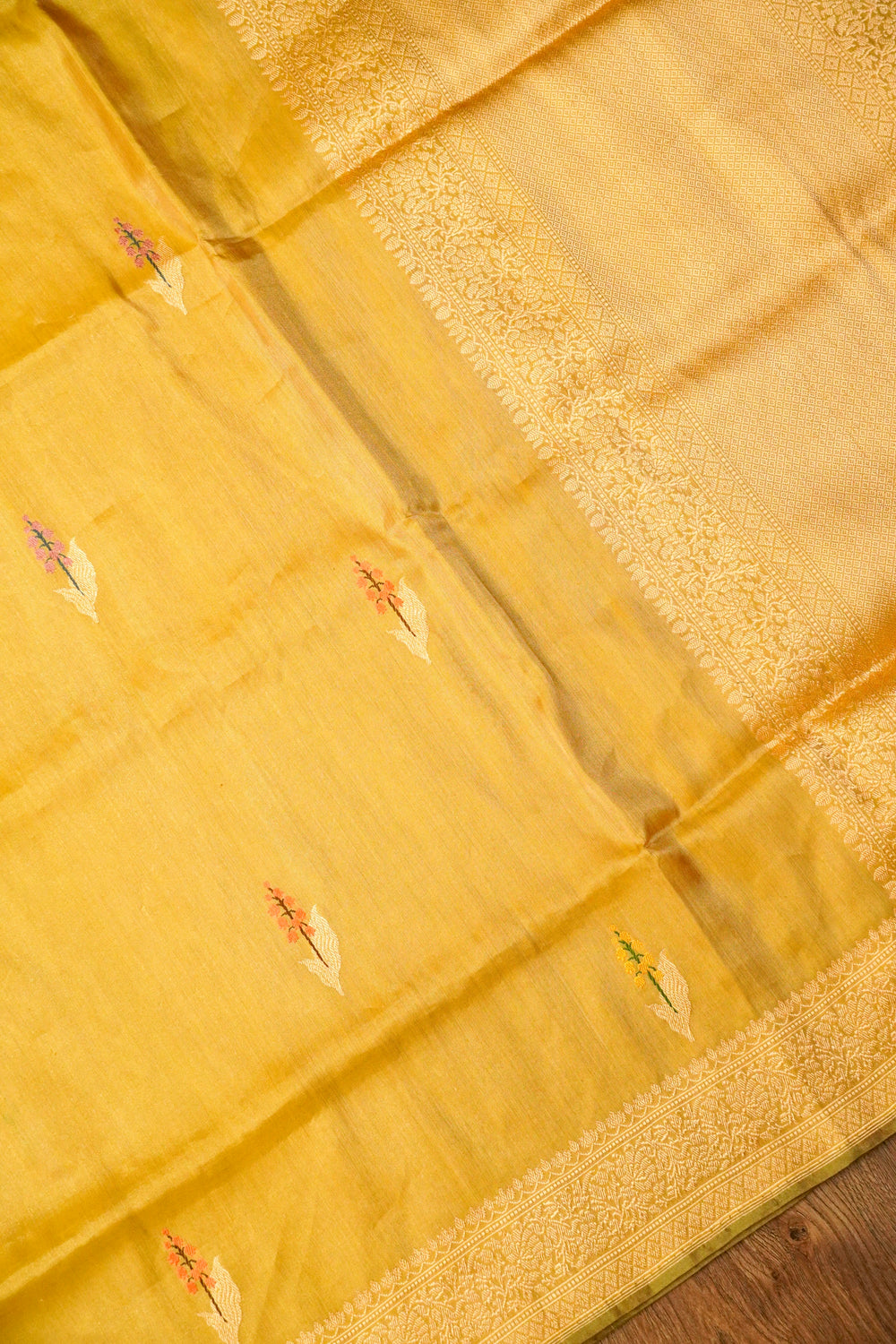 Handwoven Golden Yellow Kora Silk Saree