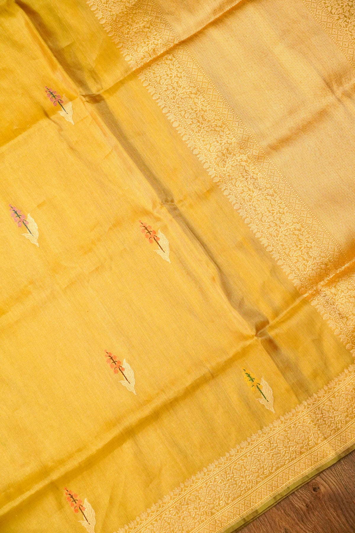 Handwoven Golden Yellow Kora Silk Saree
