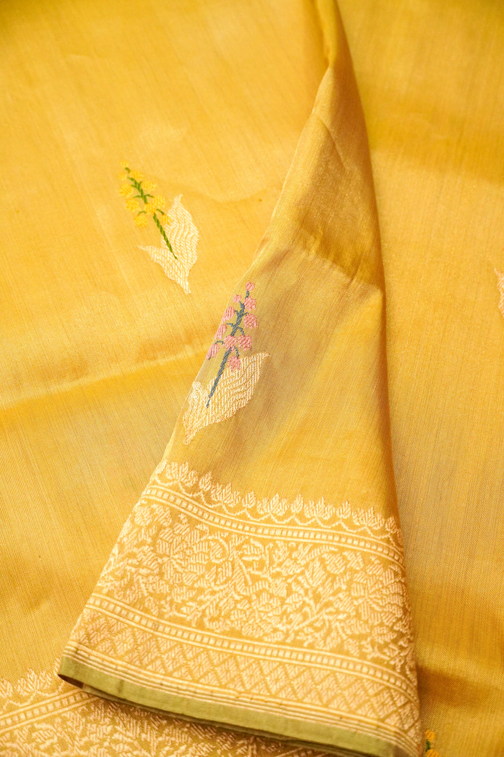 Handwoven Golden Yellow Kora Silk Saree