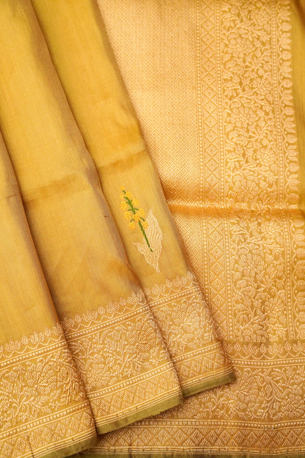Handwoven Golden Yellow Kora Silk Saree