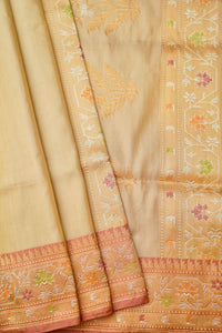 Handwoven Golden Beige Kora Silk Saree