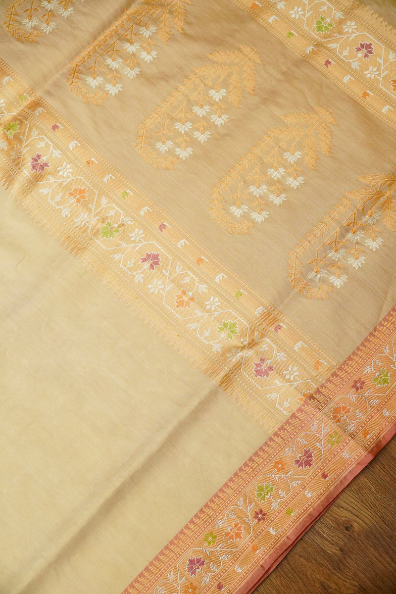 Handwoven Golden Beige Kora Silk Saree
