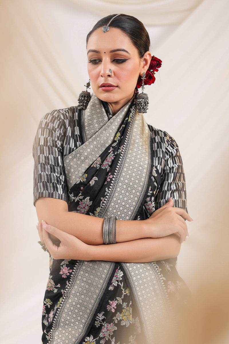 Handwoven Banarasi Black Katan Silk Saree