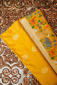 Handwoven Shikargah Mustard Banarasi Katan Silk Saree