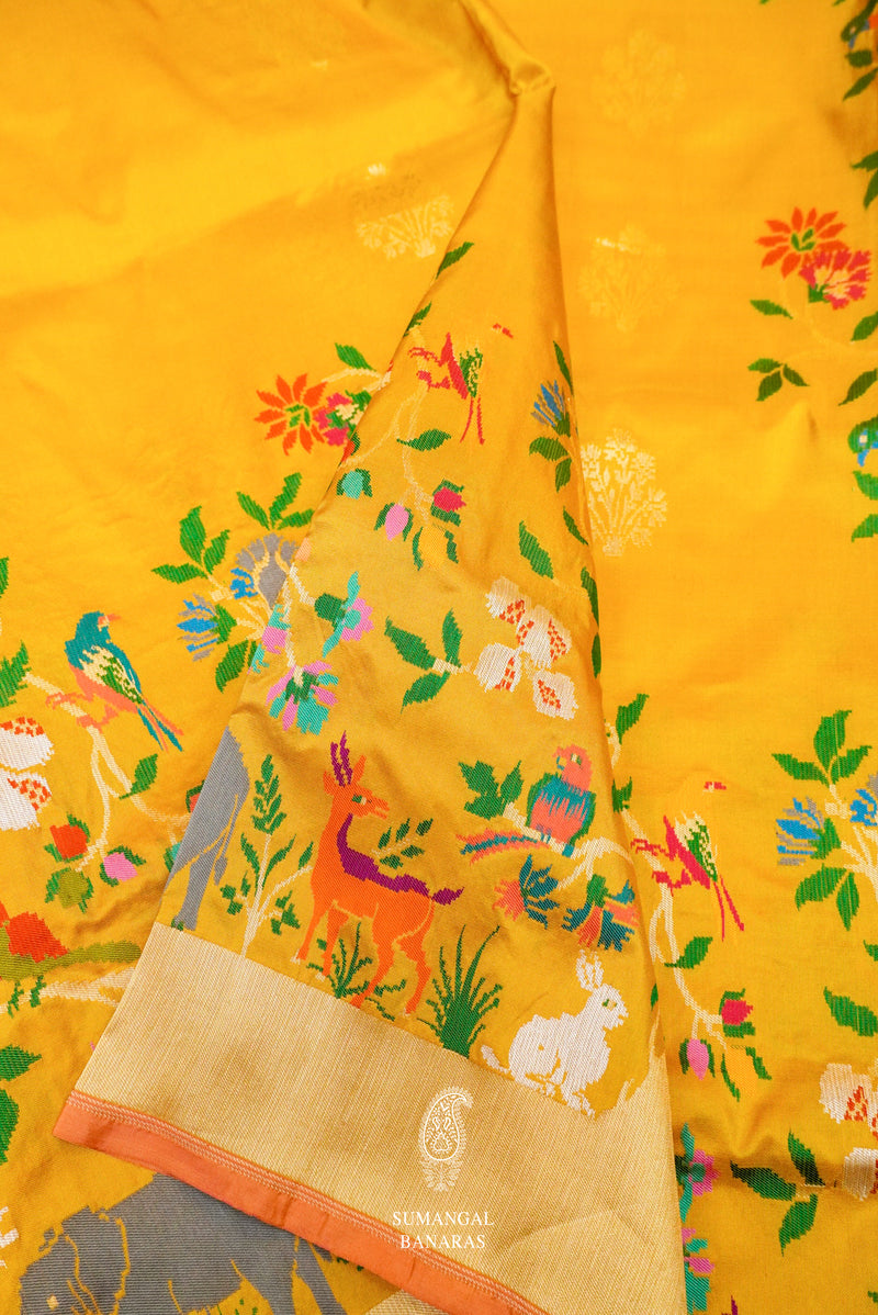 Handwoven Shikargah Mustard Banarasi Katan Silk Saree