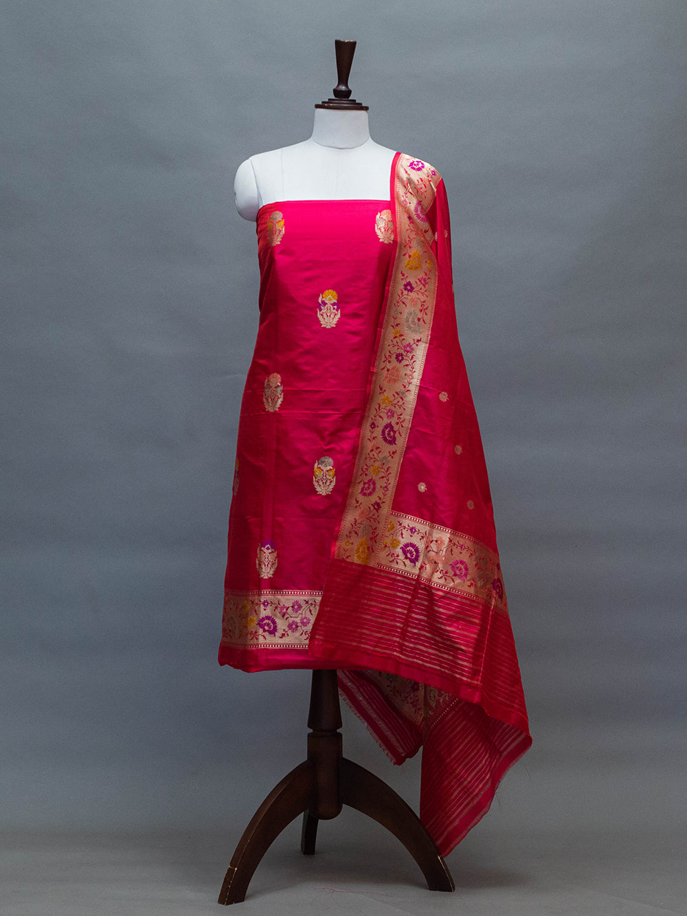 Handwoven Pinkish Red Banarasi Katan Silk Suit