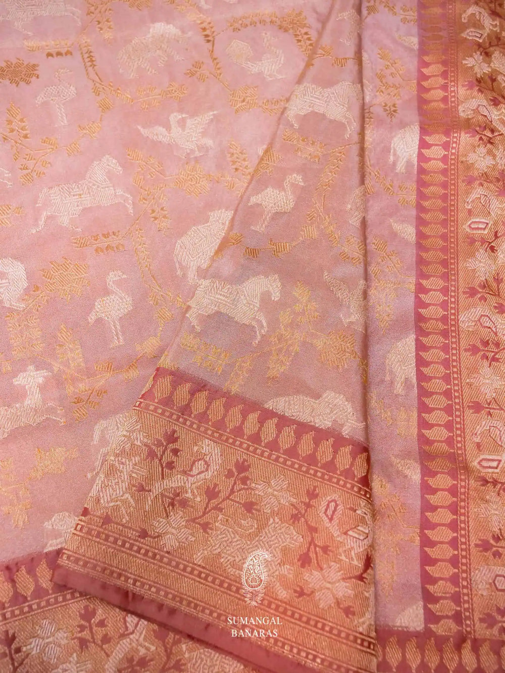 Handwoven Baby Pink Banarasi Shikargah  Tissue Katan Silk Saree