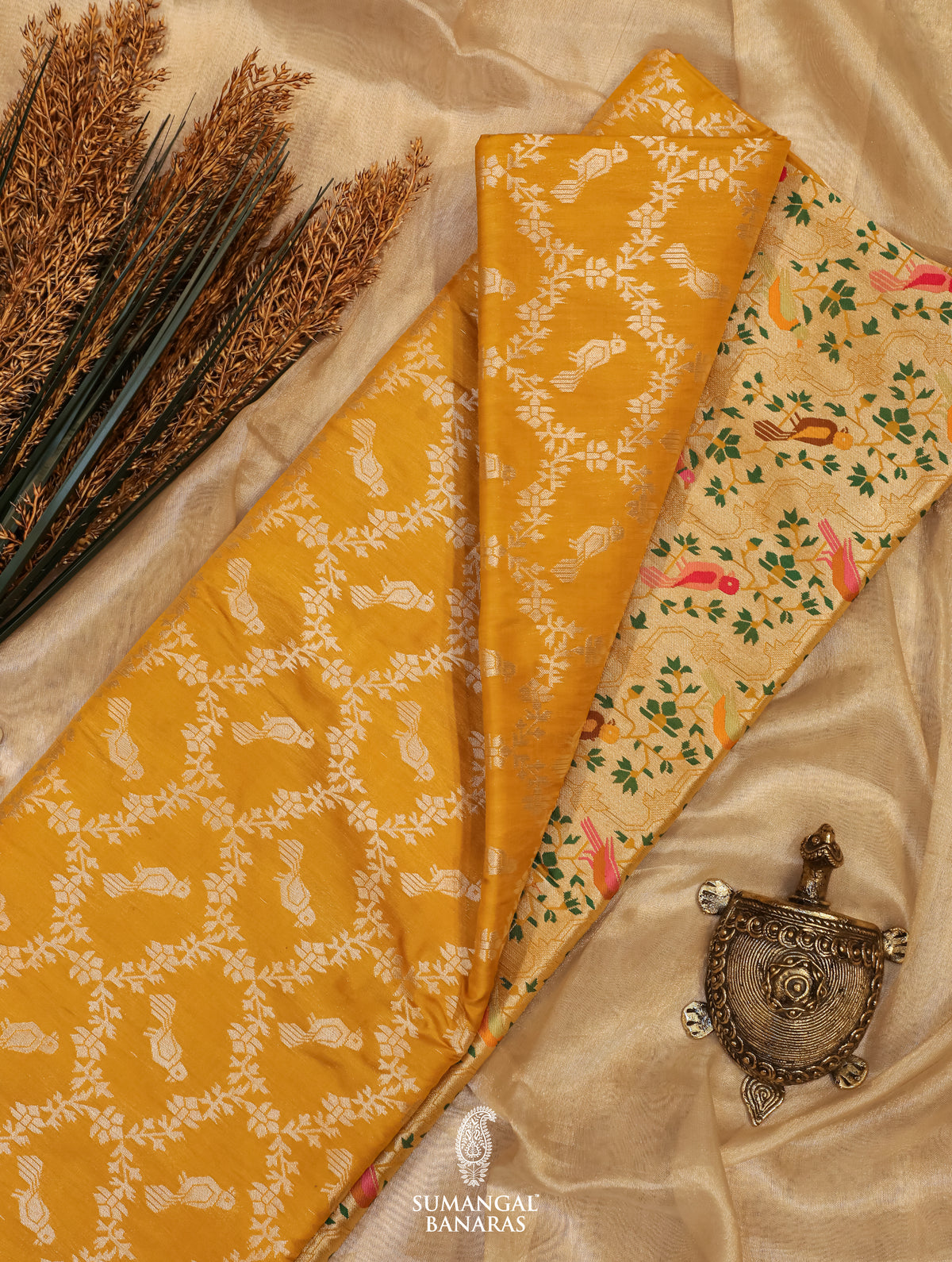 Handwoven Mustard Yellow Banarasi Katan Silk Saree