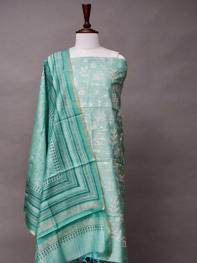 Handwoven Banarasi Aqua Green Katan Silk Suit