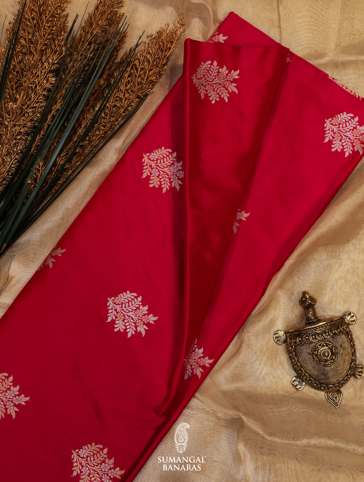 Handwoven Cherry Red Banarasi Katan Silk Saree