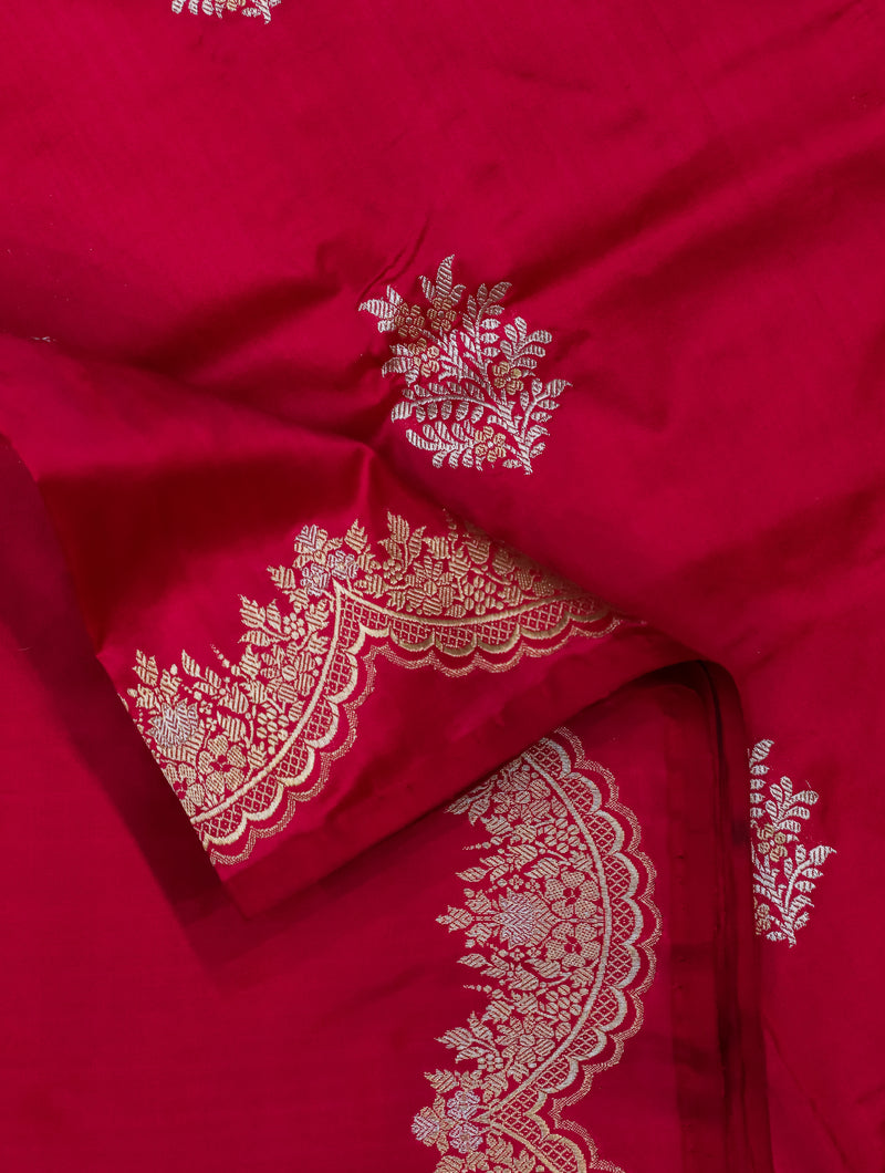 Handwoven Cherry Red Banarasi Katan Silk Saree