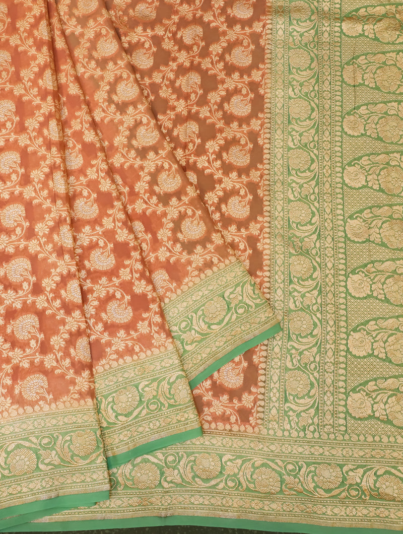 Handwoven Peach Banarasi Khaddi Georgette Saree