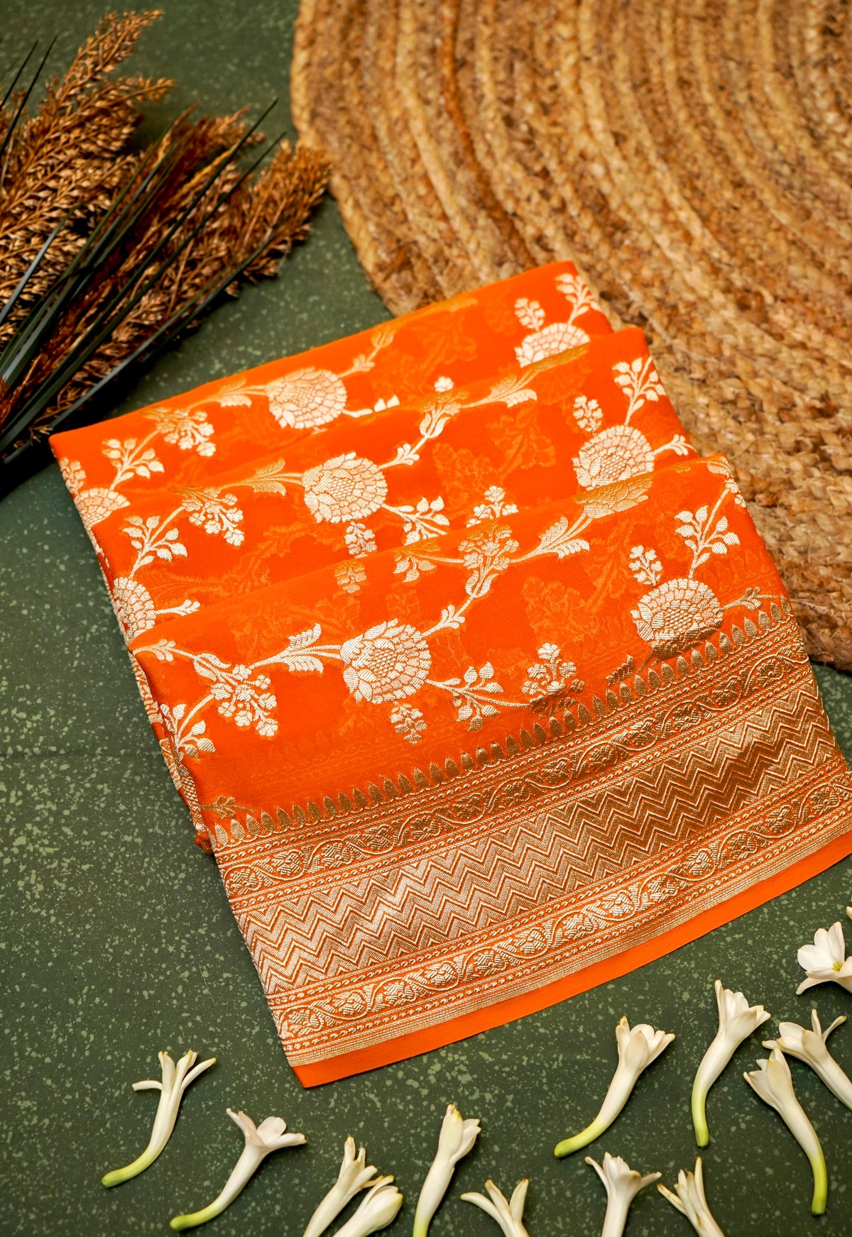 Handwoven Orange Banarasi Khaddi Georgette Saree