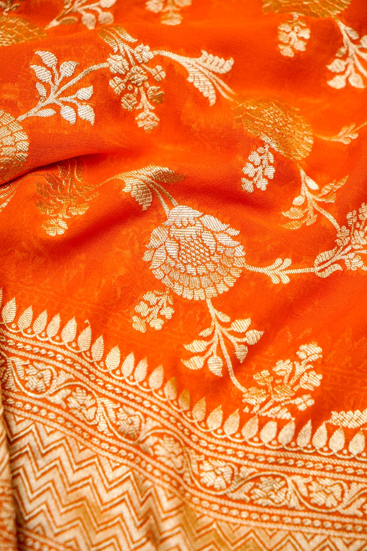 Handwoven Orange Banarasi Khaddi Georgette Saree