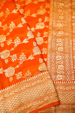 Handwoven Orange Banarasi Khaddi Georgette Saree