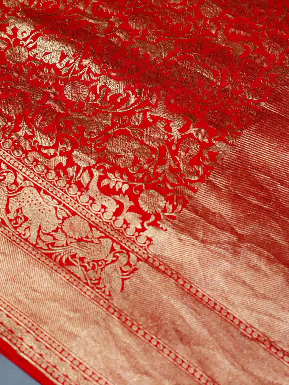 Handwoven Red Banarasi Shikargah Mashru Silk Saree
