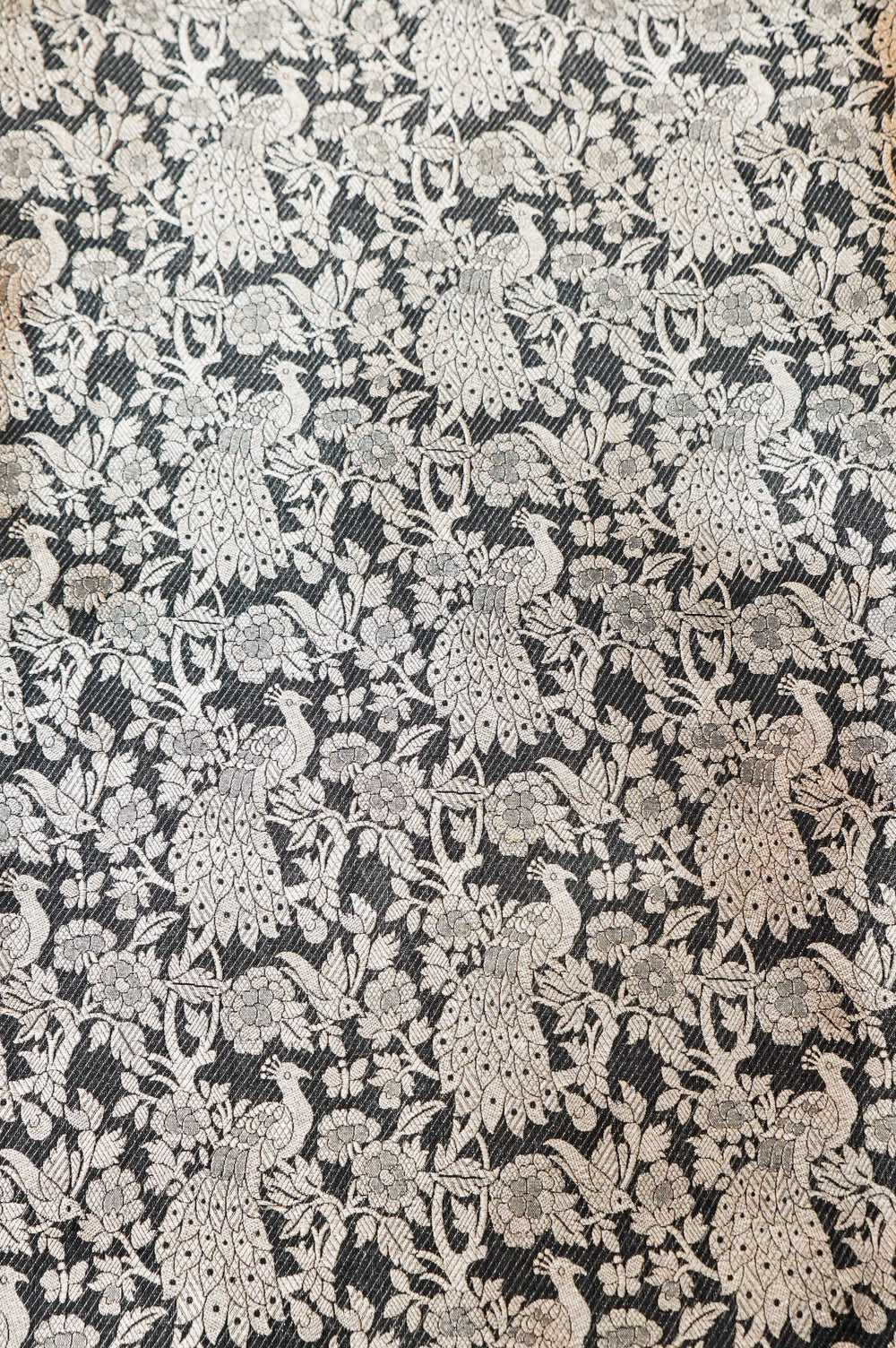 Jet Black Shikargah Katan Silk Handwoven Banarasi Thaan
