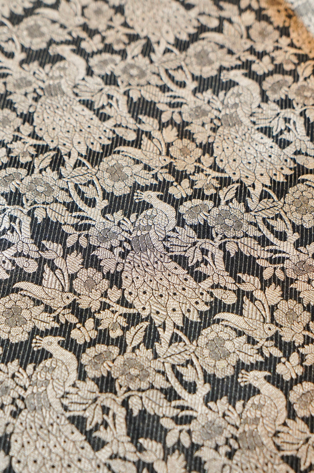 Jet Black Shikargah Katan Silk Handwoven Banarasi Thaan