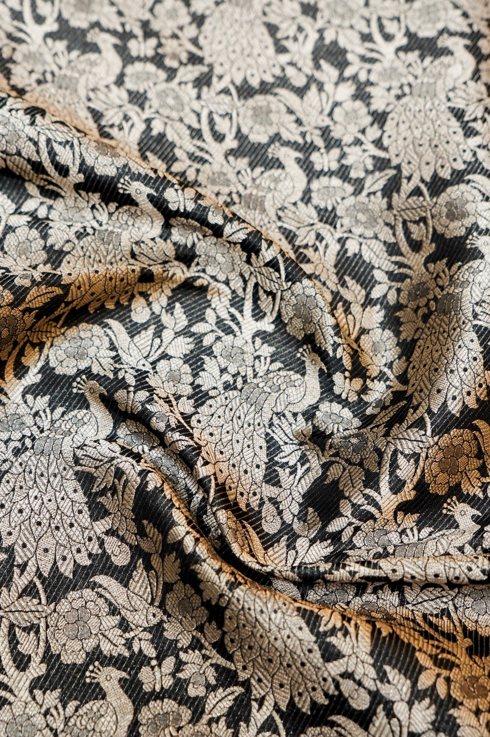 Jet Black Shikargah Katan Silk Handwoven Banarasi Thaan