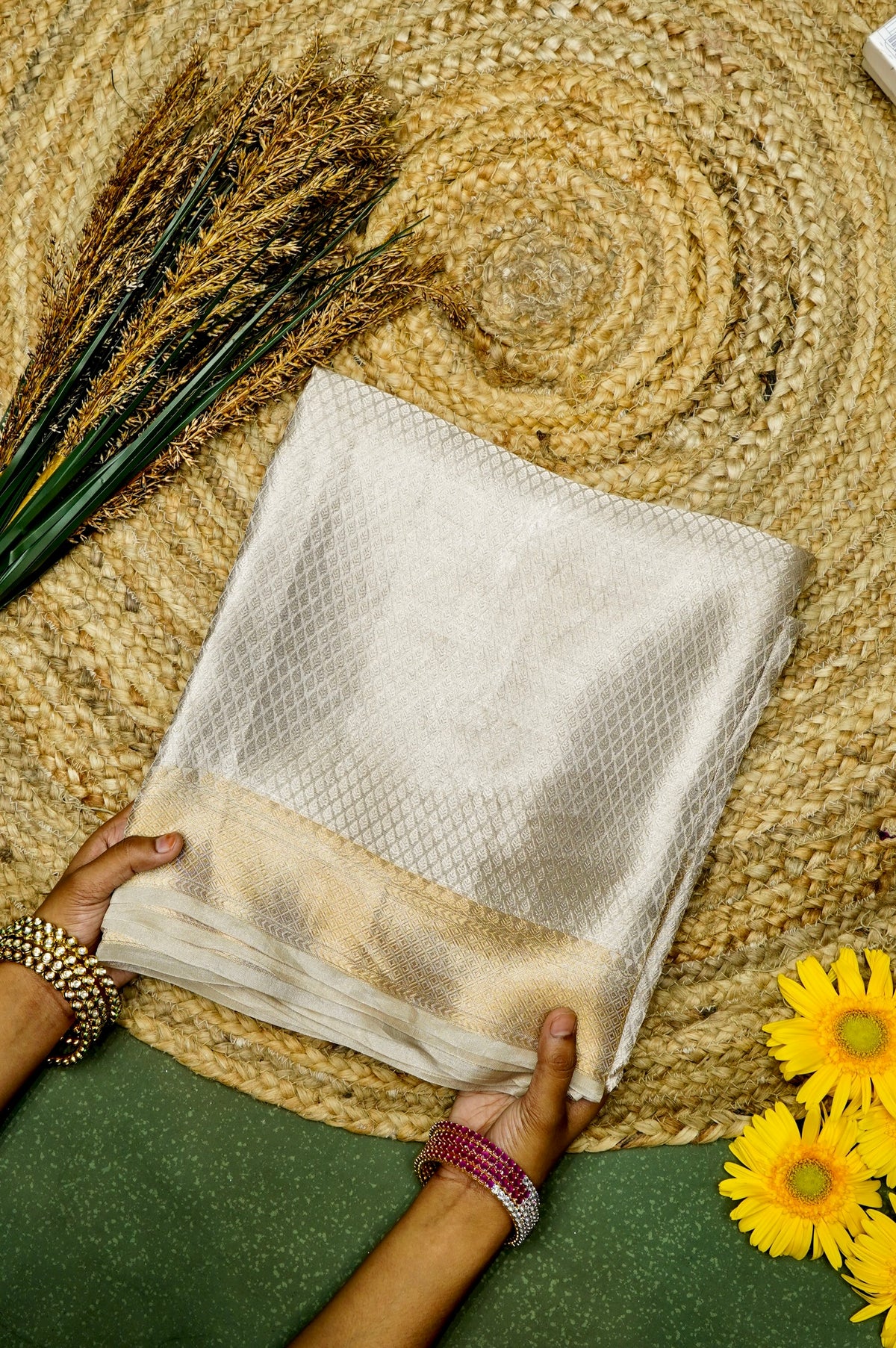 Handwoven Silver Banarasi Tissue Silk Saree