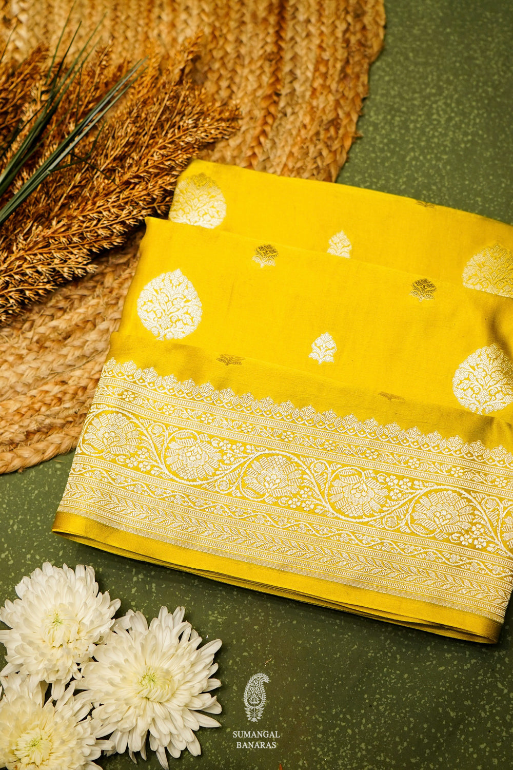 Handwoven Mustard Yellow Banarasi Mashru Silk Saree