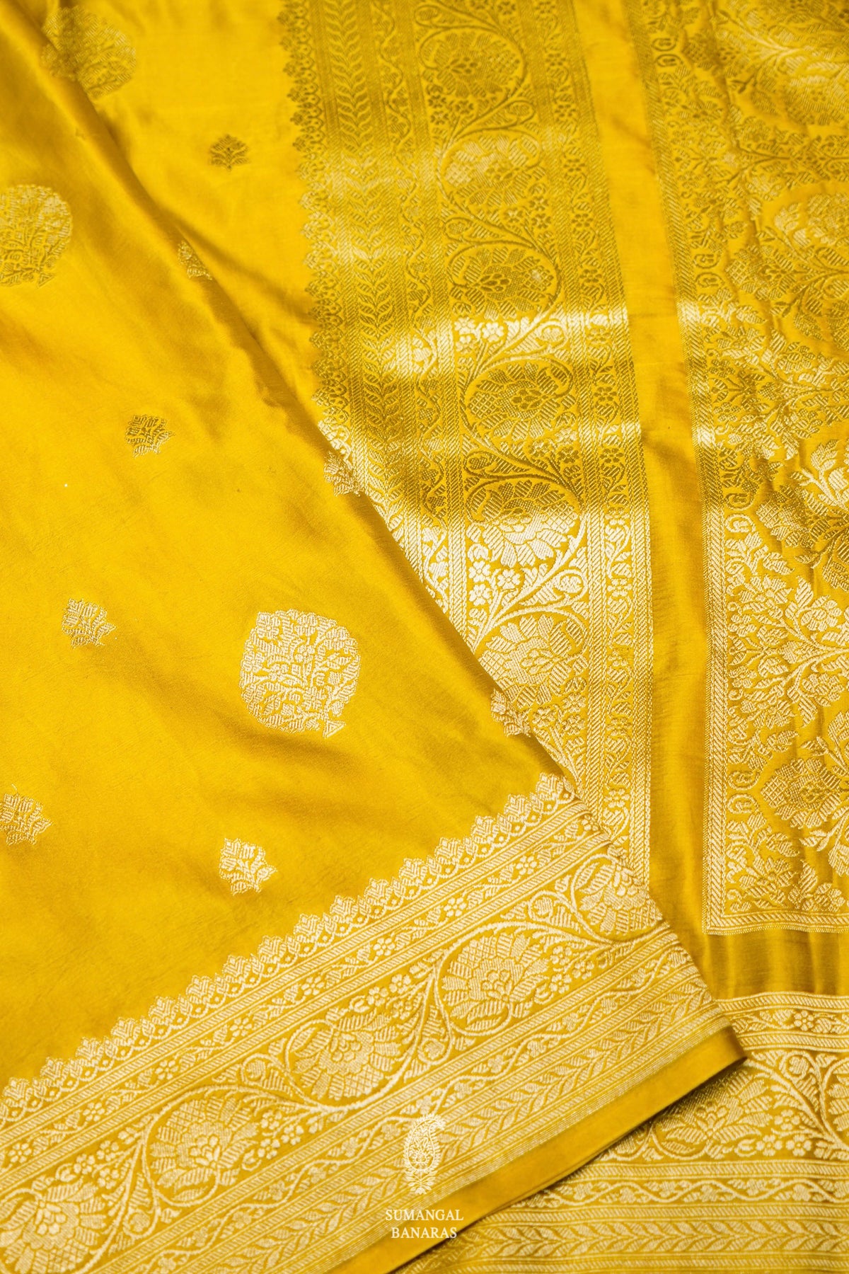 Handwoven Mustard Yellow Banarasi Mashru Silk Saree