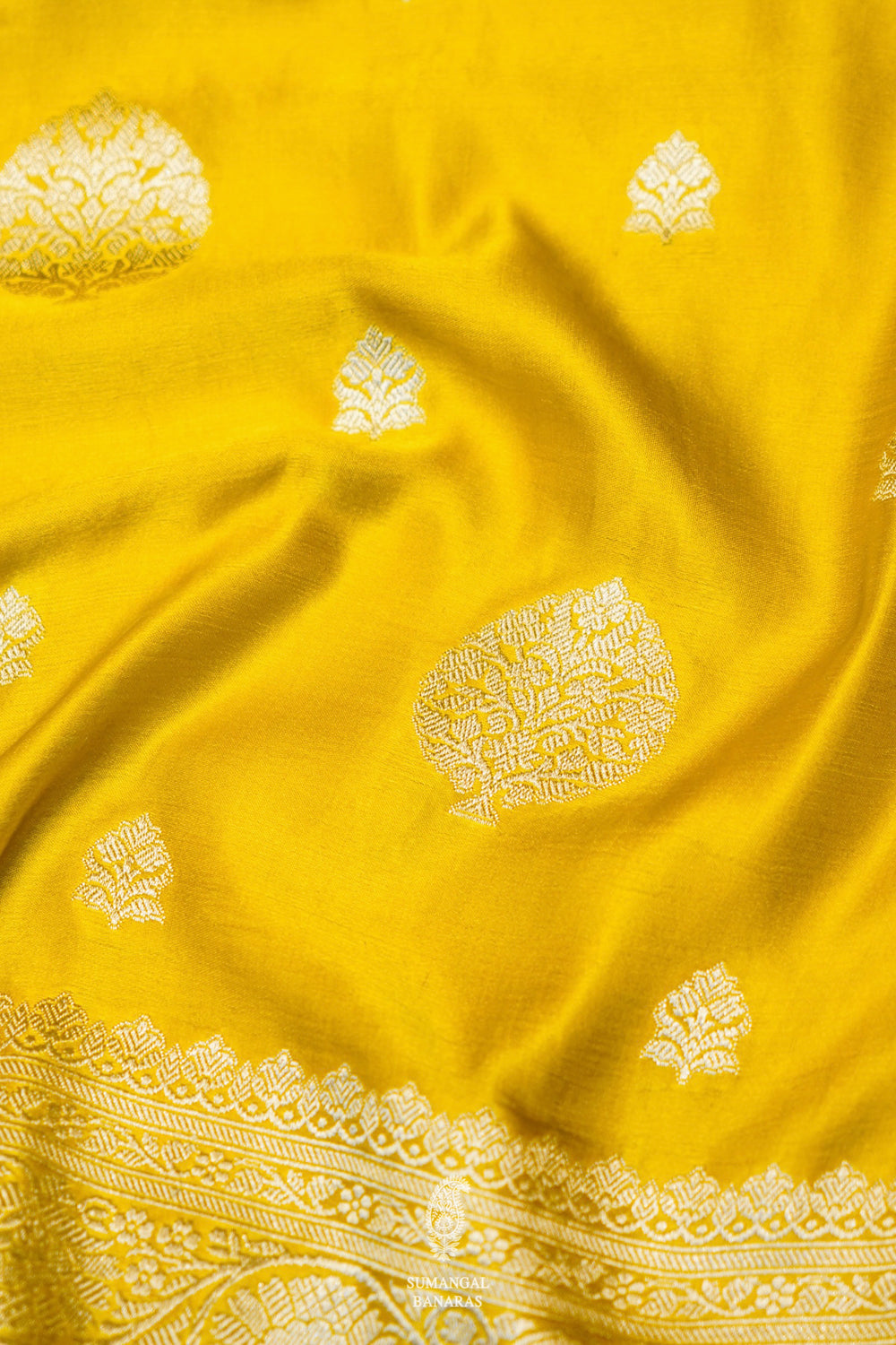 Handwoven Mustard Yellow Banarasi Mashru Silk Saree