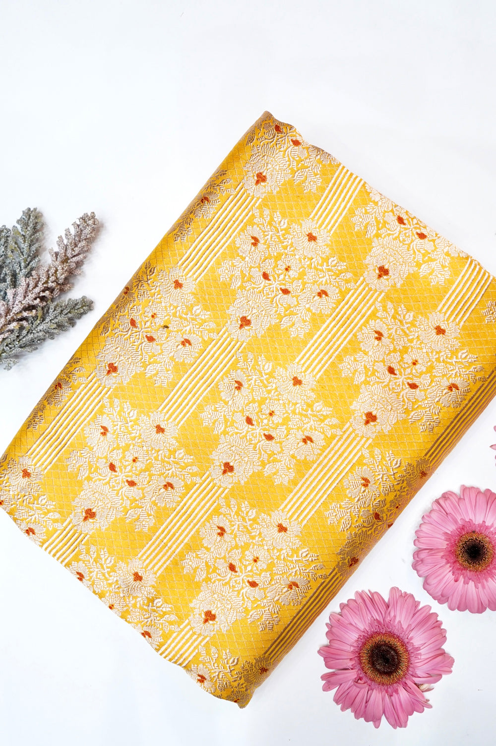 Canary Yellow Meenakari Katan Silk Thaan