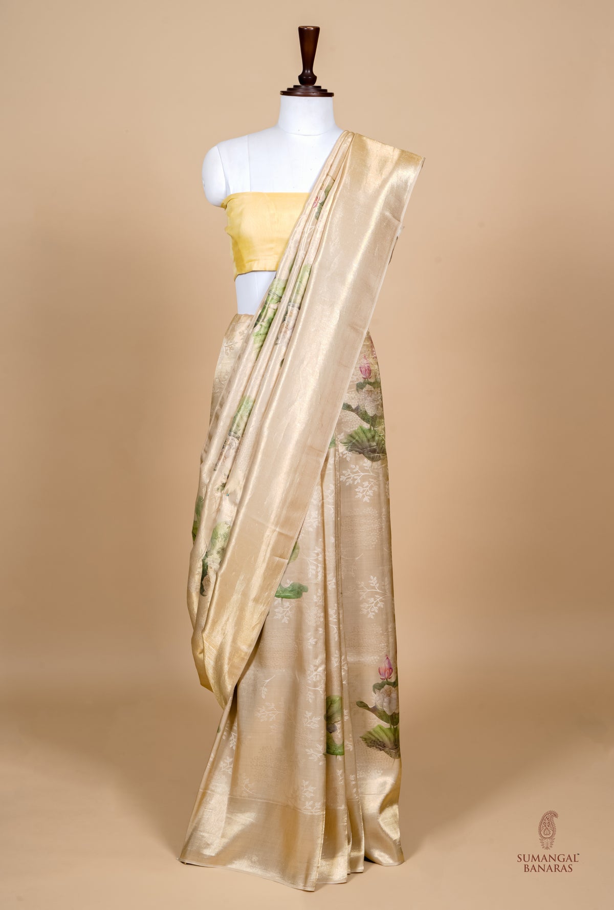 Handwoven Beige Banarasi Mashru Silk Saree